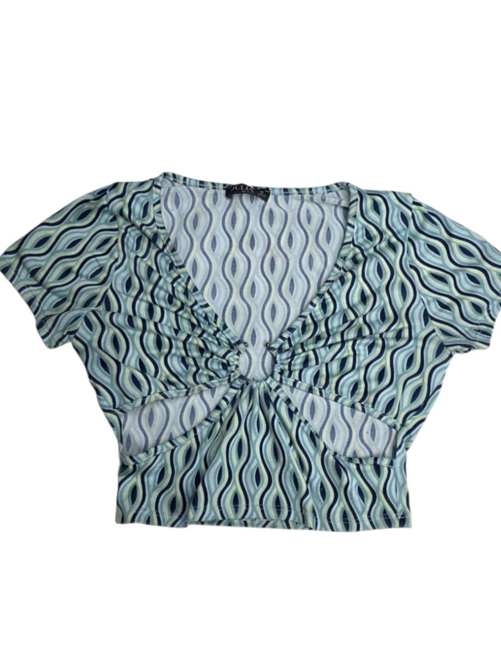 Julia Twist-Ring V-Neck Crop Top in Teal Wave Print